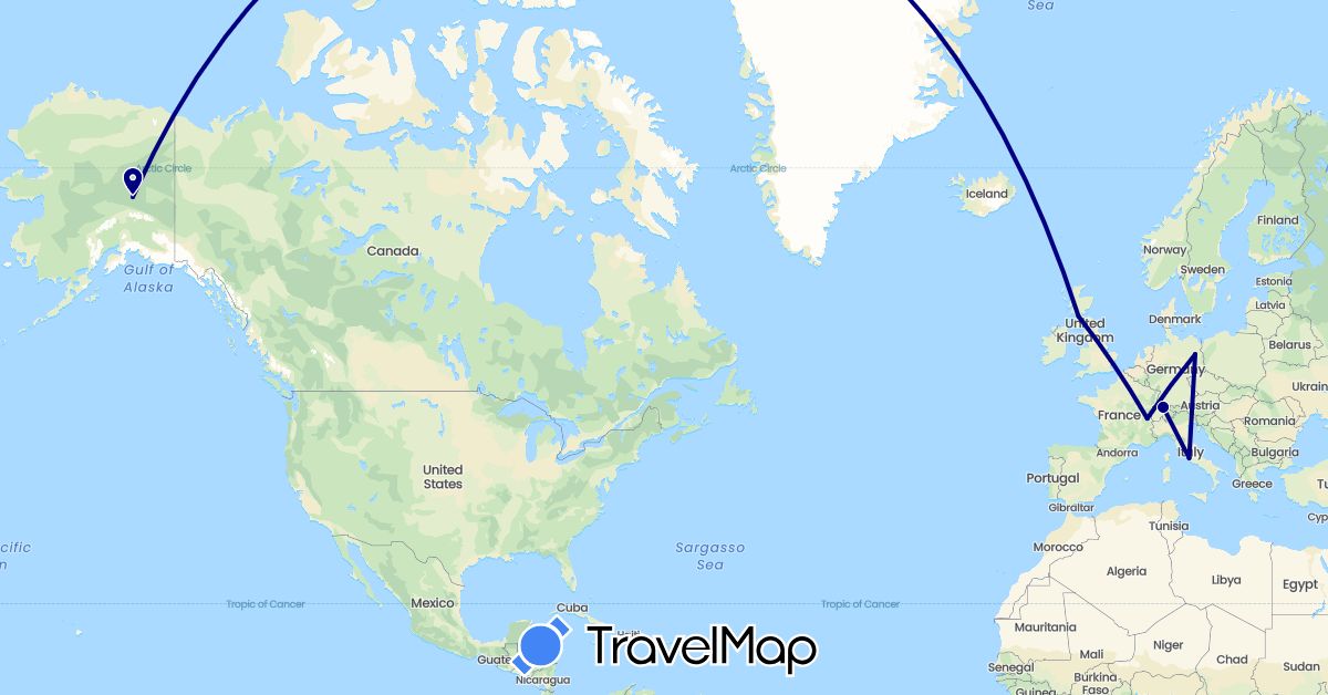 TravelMap itinerary: driving in Antarctica, Switzerland, Germany, United Kingdom, Italy (Antarctica, Europe)